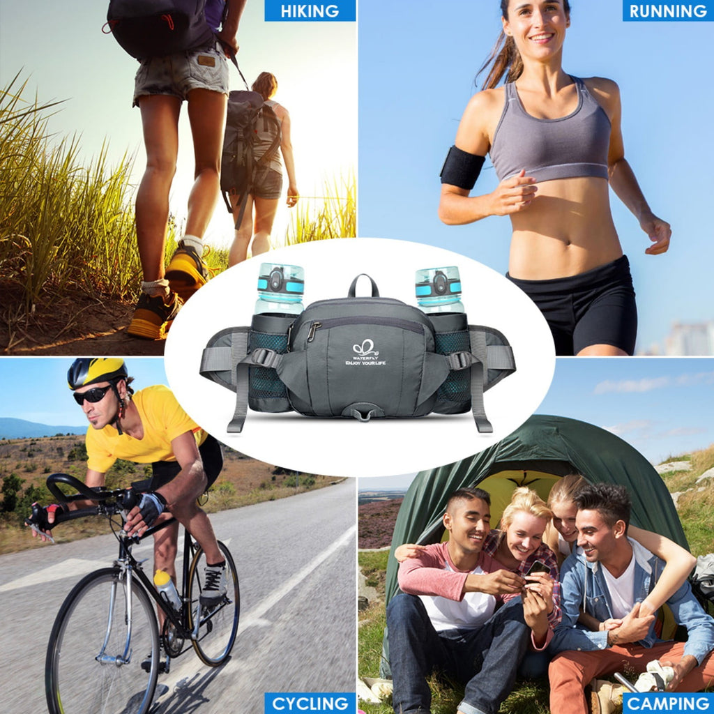 WATERFLY Unisex Large Capacity Hiking with Bottle Holder Nylon Fanny Pack Waist Bag,Gray