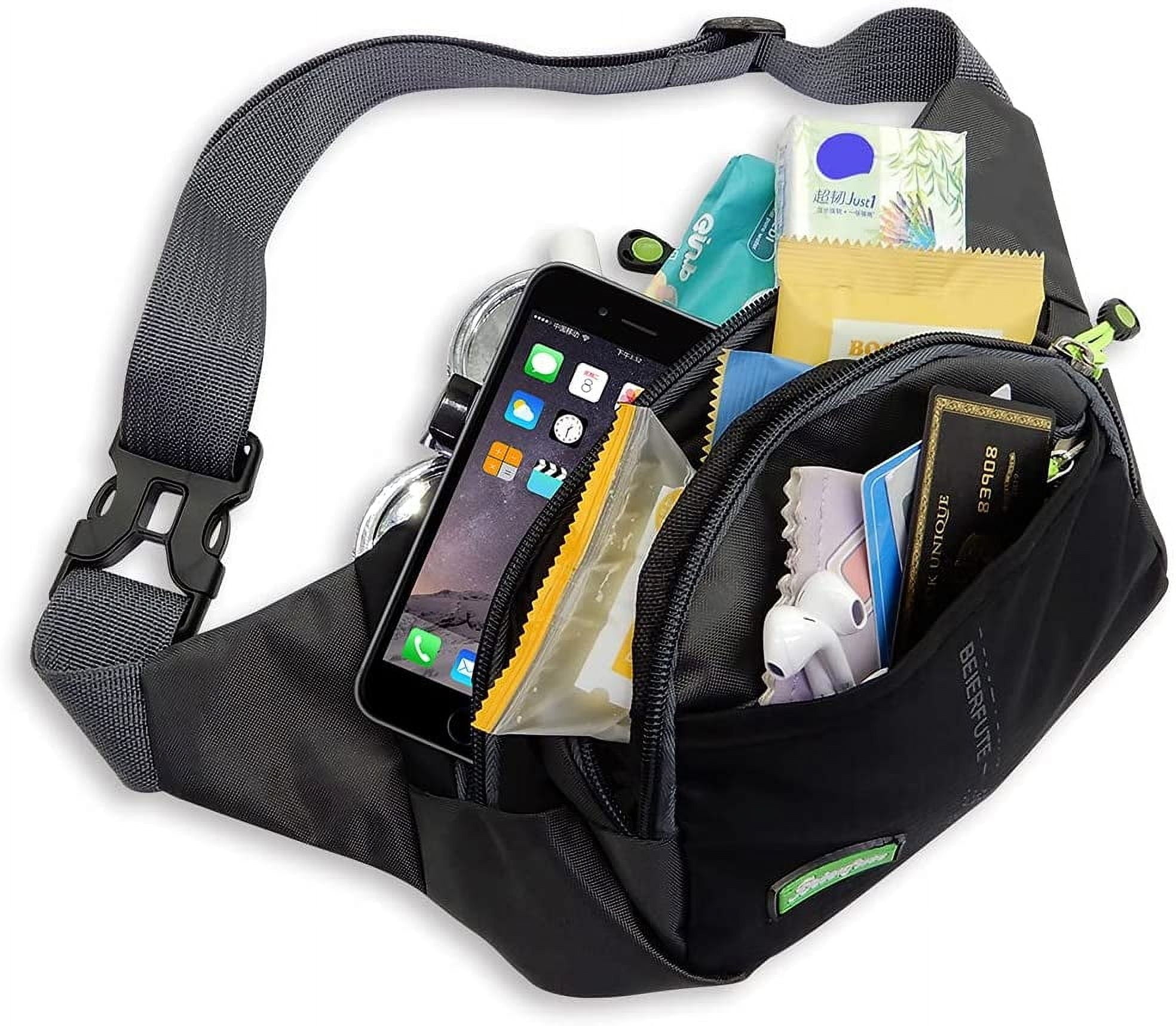 Viaky Black Crossbody Workout Waist Pack 4 Zipper Pockets, Running Belt Fanny Bag for Hands Free Sports Travel & Casual Use, Adjustable Strap Pouch Ideal Gifts for All Phone Carrying Enthusiasts