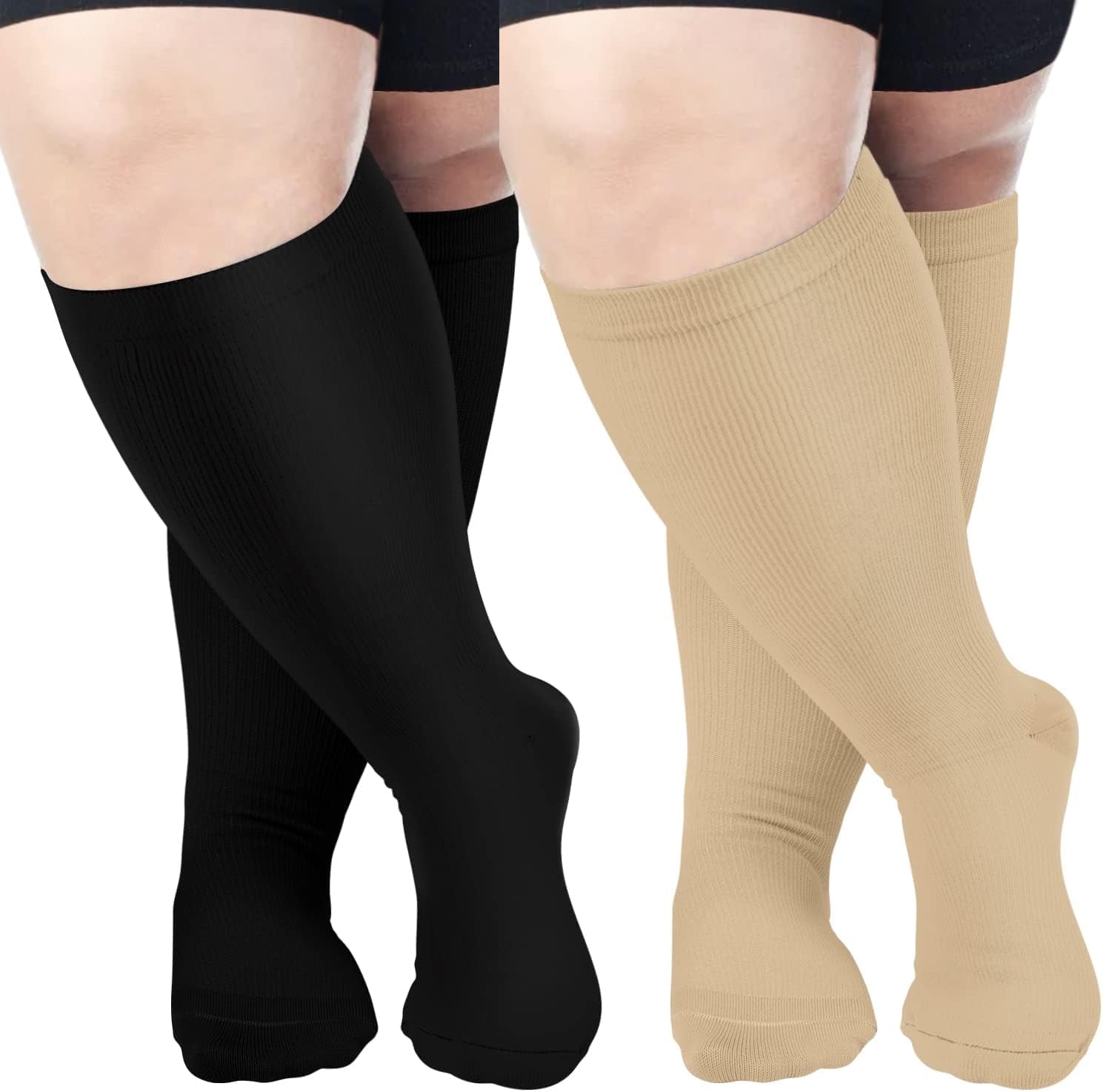 2 Pairs Wide Calf Compression Socks for Women Men AMITOFO Circulation 20-30mmHg Plus Size Knee High Support Stockings| Circulation | Nurses | Running | Travel,Beige Black 4XL
