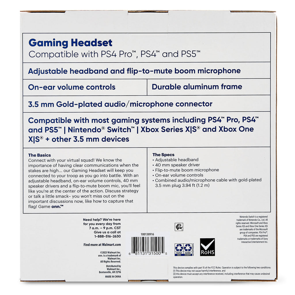 onn Wired Gaming Headset Compatible with PlayStation PS4 and PS5, Black and White