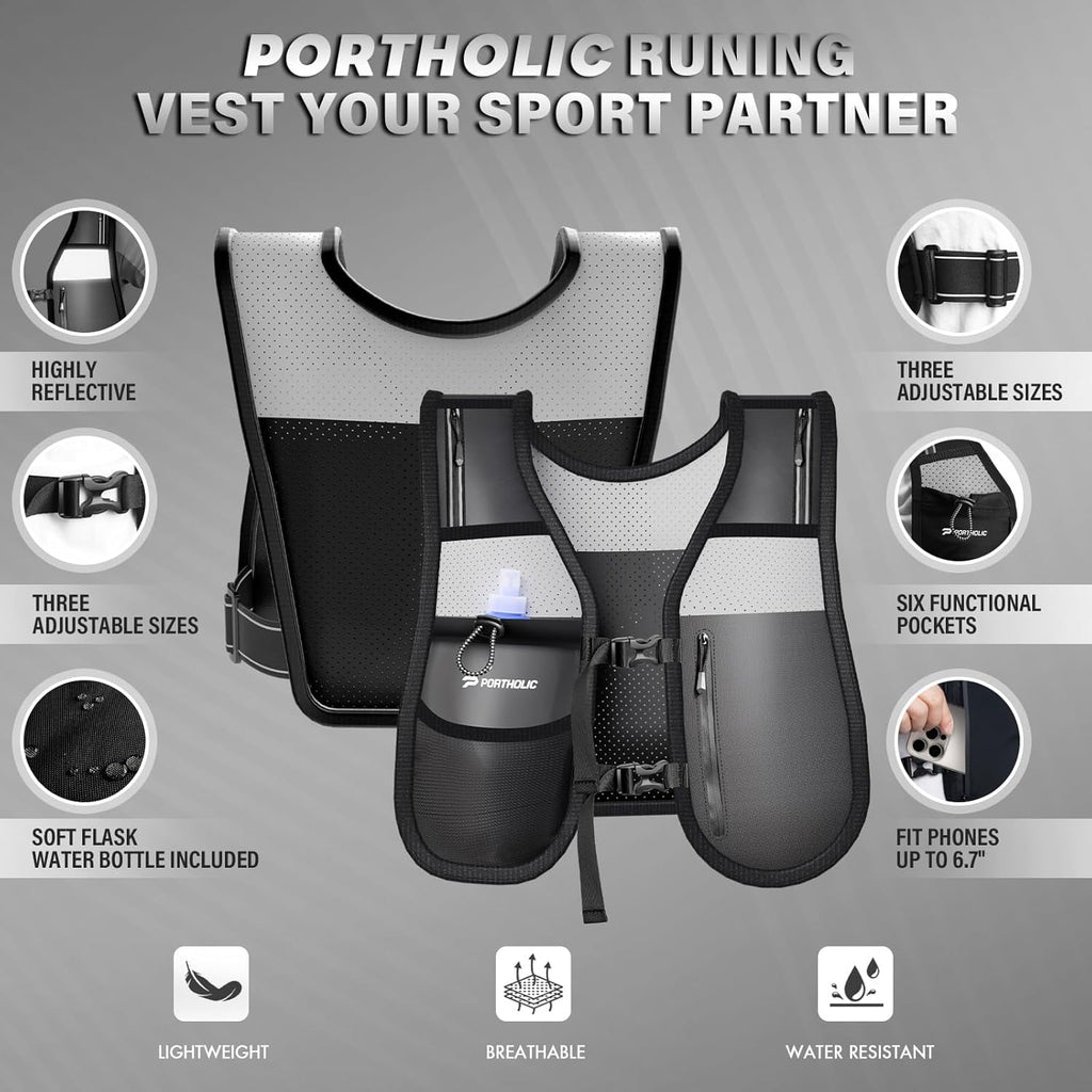 PORTHOLIC Running Vest for Women Men with 500ml/17oz Water Bottle |Adjustable Hydration Vest|Reflective |Lightweight |6 Pockets |Breathablefor Running Accessories for Hiking Running (Black,Large)