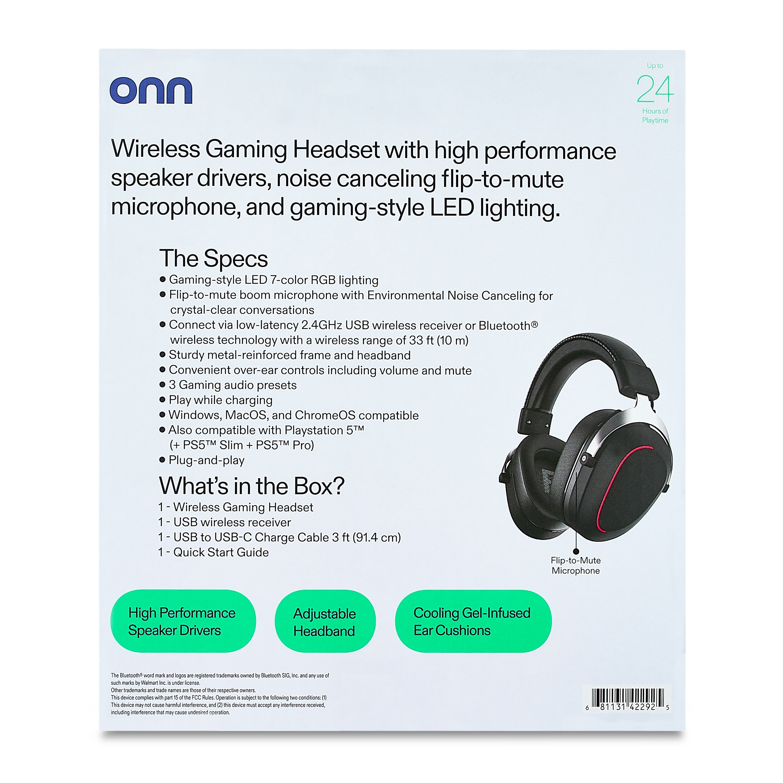 onn PC Wireless Gaming Headset - 2.4Ghz & Bluetooth Dual Mode - 24 Hours Playtime - Ultimate Comfort Cooling Gel Earpad
