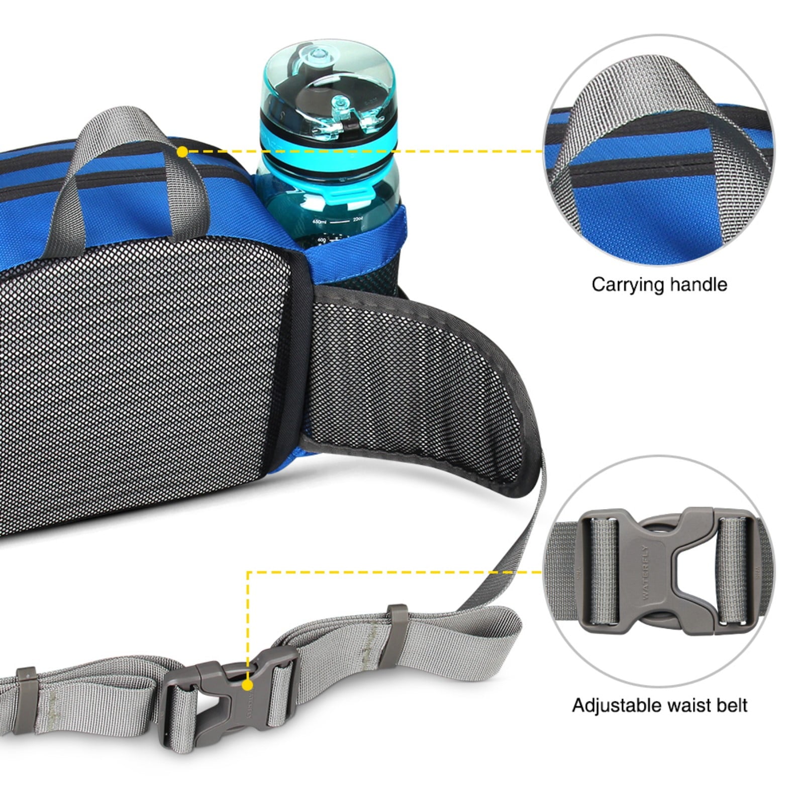 WATERFLY Unisex Large Capacity Hiking with Bottle Holder Nylon Fanny Pack Waist Bag,Gray