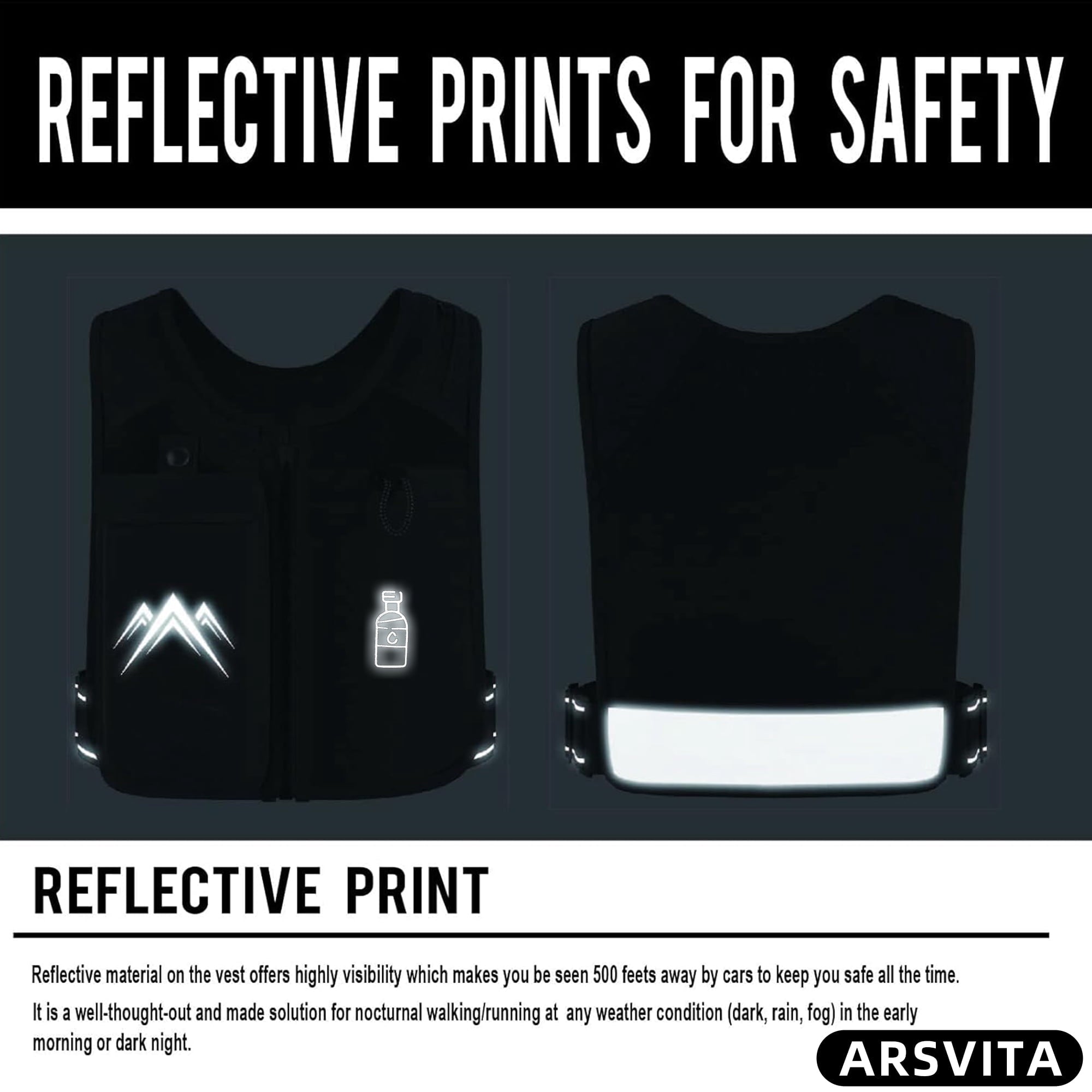 Arsvita Running Vest, Zip Reflective Running Vests with 500ml Hydration Bottle, Adjustable Waistband & Breathable Material, Chest Pack Gear Phone Holder for Running, Men & Women