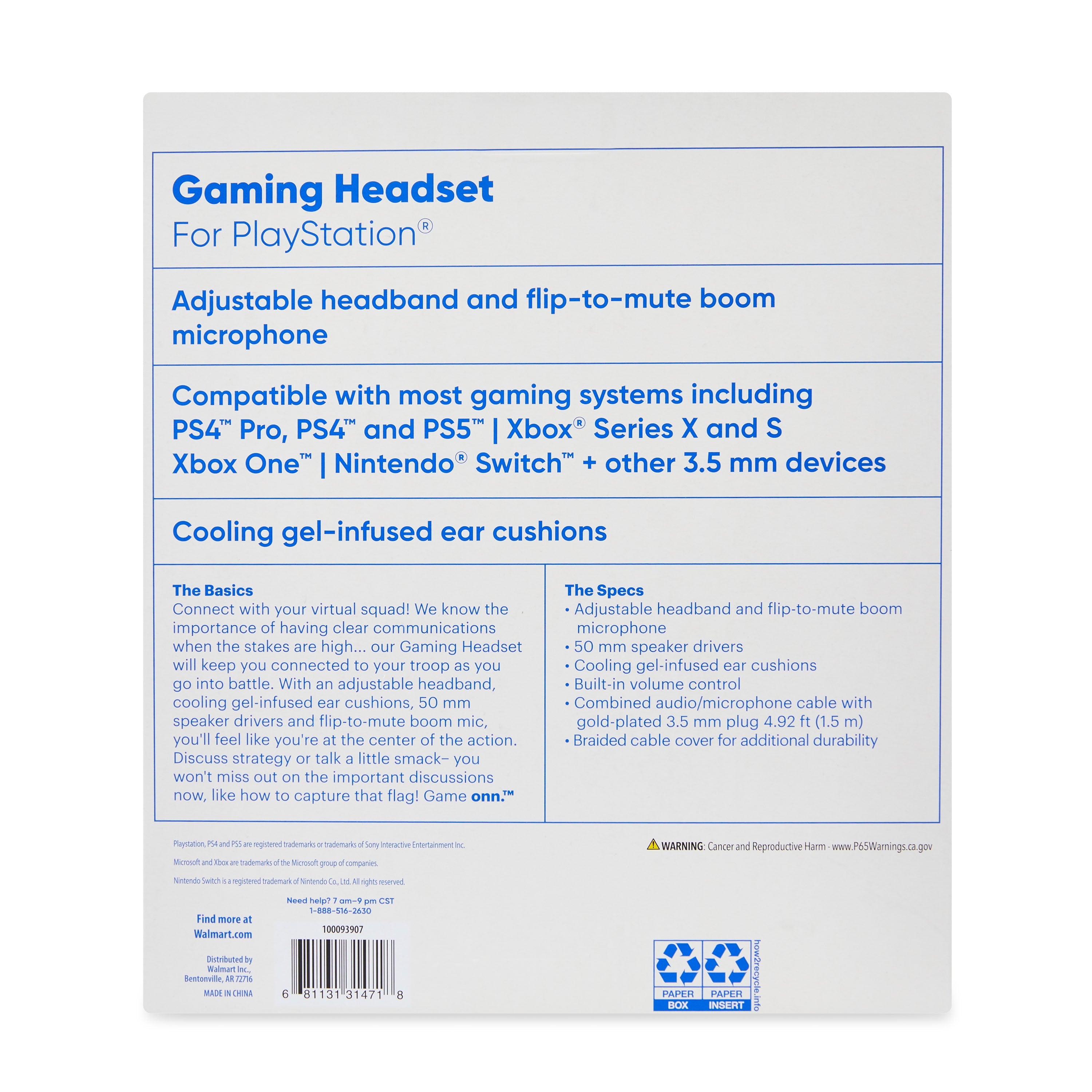 onn Wired Gaming Headset Compatible with PlayStation, Black and Blue