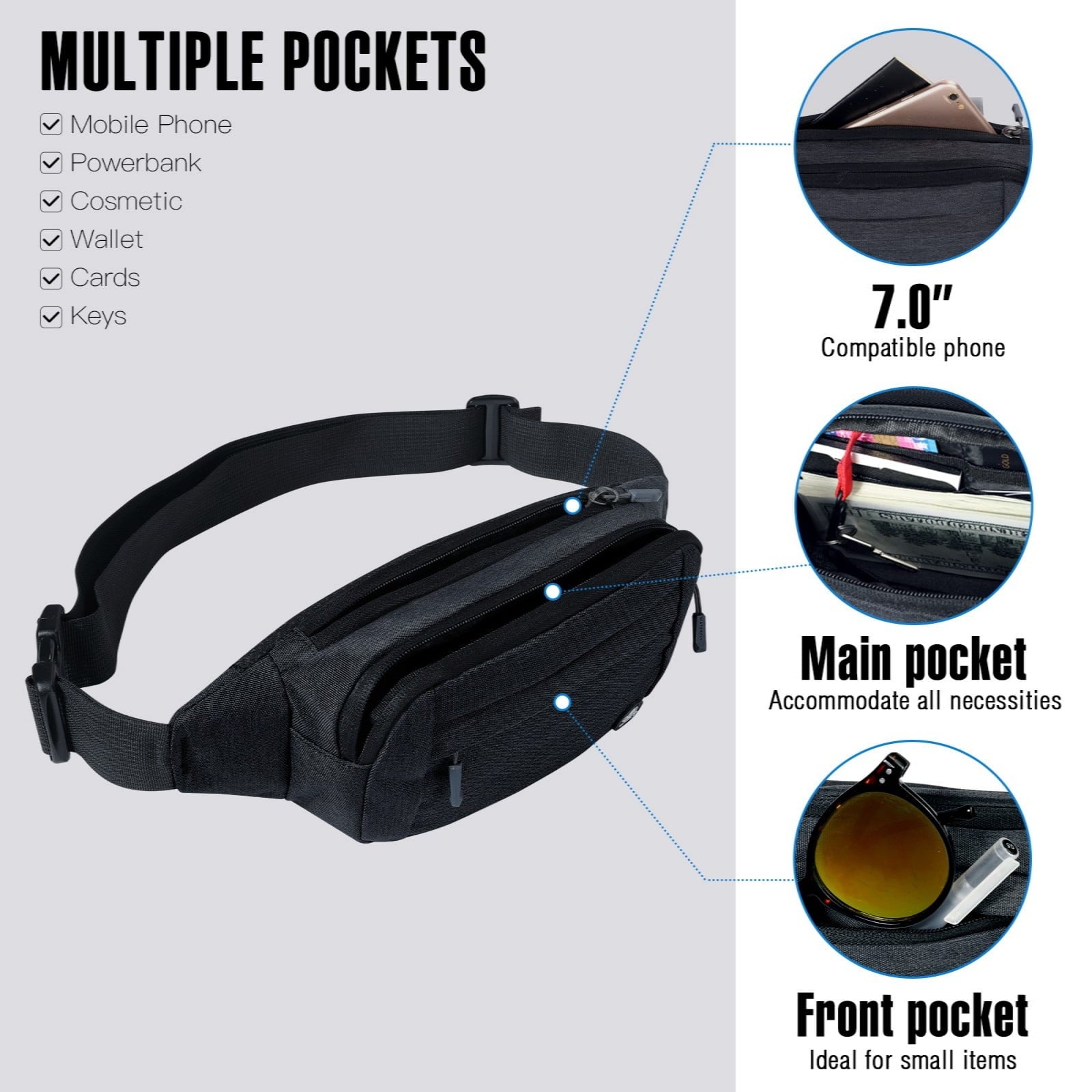 WATERFLY Unisex Lightweight Running Hiking Jogging Nylon Fanny Pack Waist Bag-Dark Blue