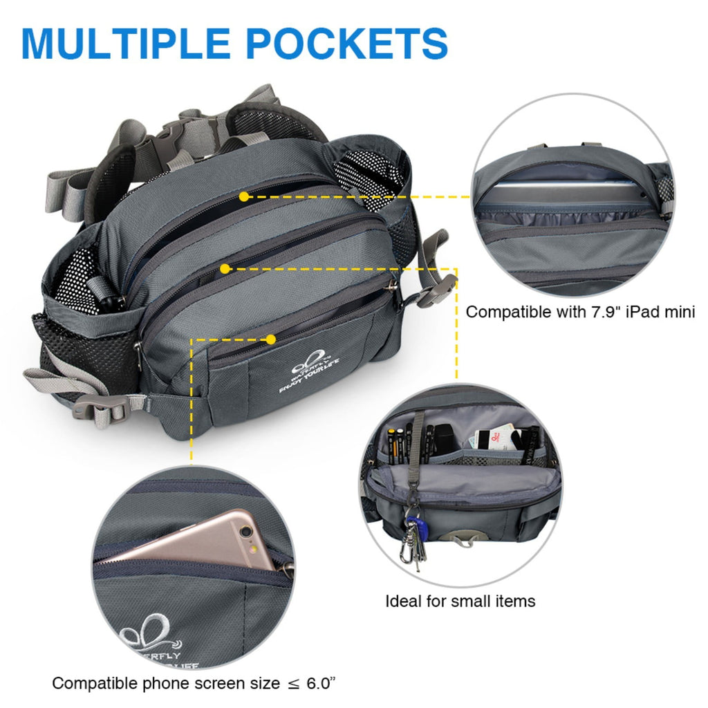 WATERFLY Unisex Large Capacity Hiking with Bottle Holder Nylon Fanny Pack Waist Bag,Gray
