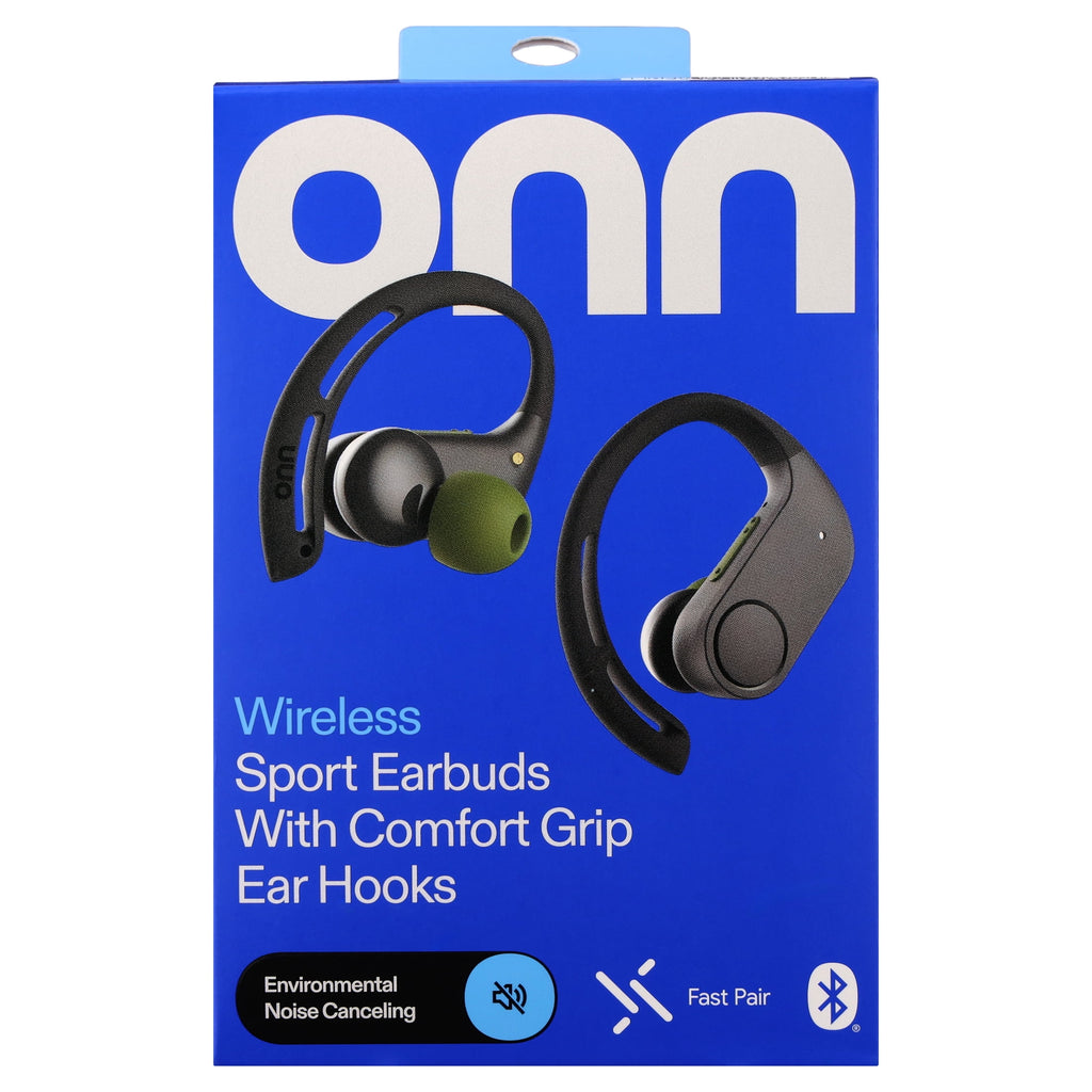 onn Wireless Sport Earbuds with Comfort Grip Ear Hooks, Black