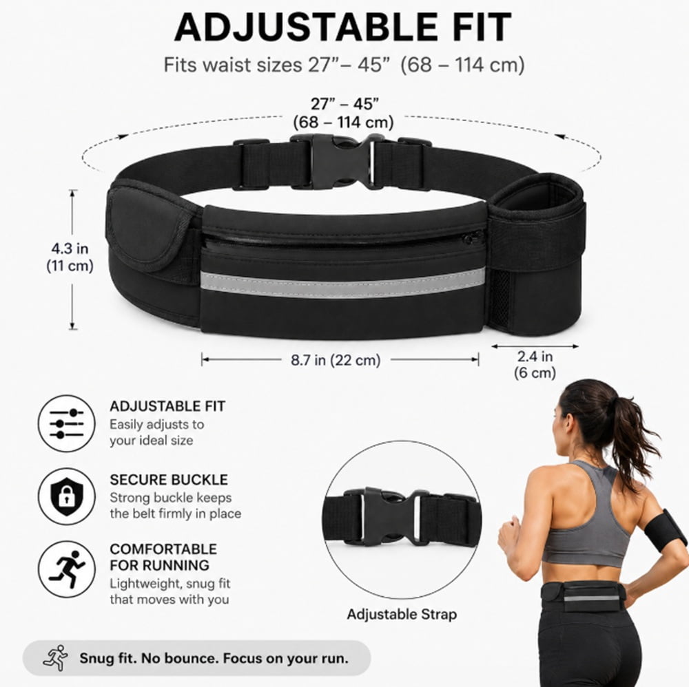 Slim Running Belt Waist Pack, Adjustable Travel Belt Bag for Phone, Keys and Small Essentials, TIKA