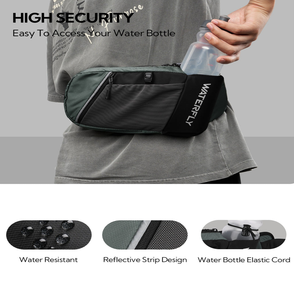 WATERFLY Unisex with Bottle Holder Running Walking Hiking Nylon Fanny Pack Waist Bag,,Blue