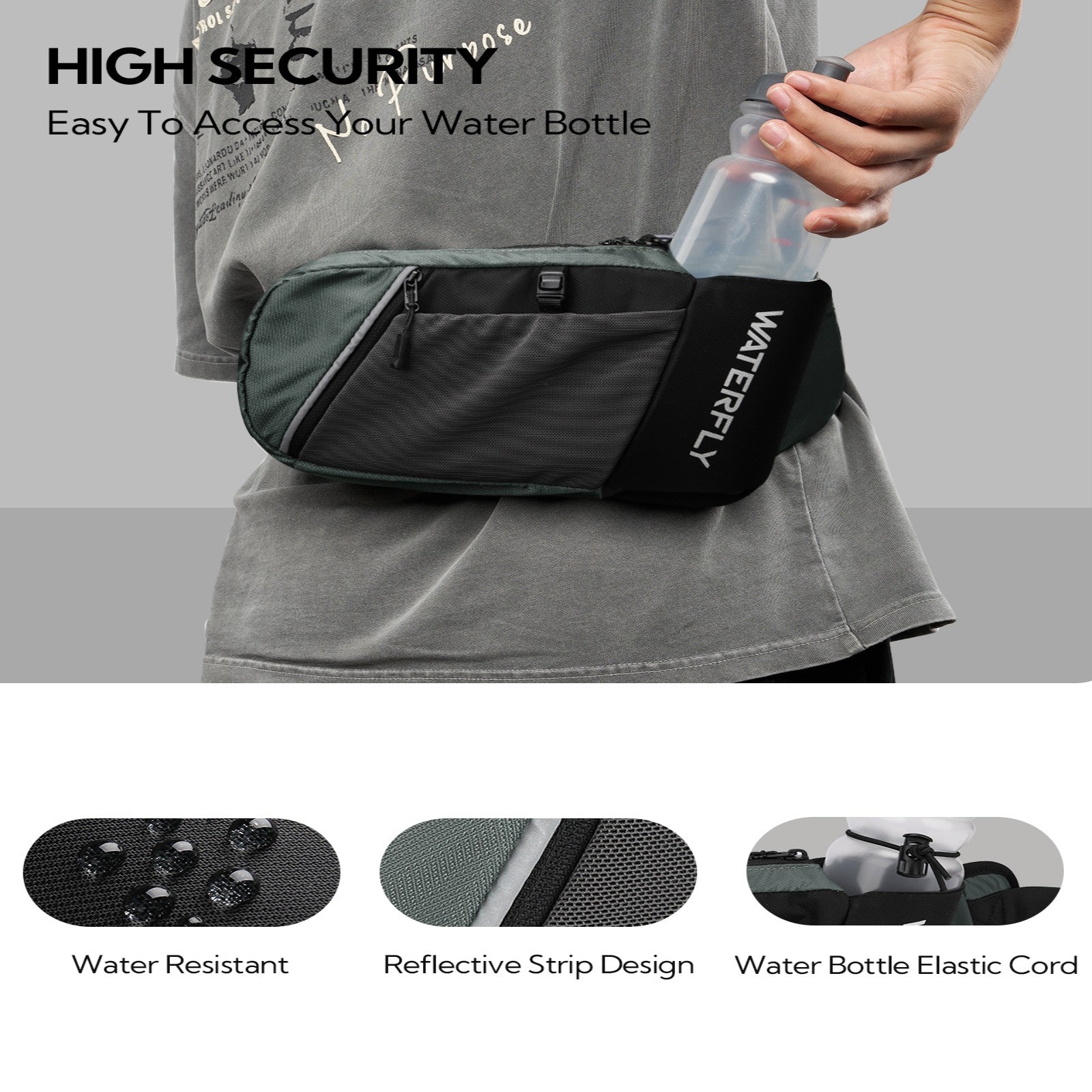 WATERFLY Unisex with Bottle Holder Running Walking Hiking Nylon Fanny Pack Waist Bag,,Blue