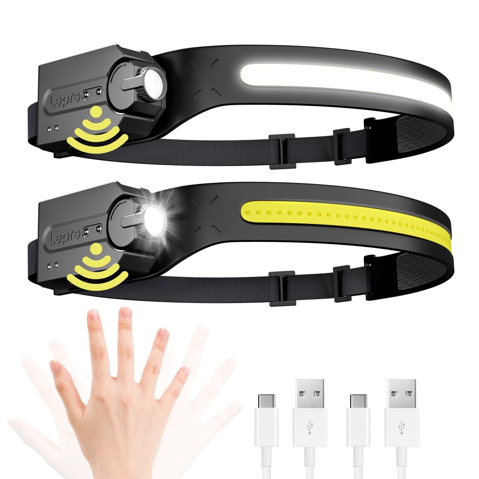 Lepro Headlamp Rechargeable 2PCS, 230° Wide Beam Head Lamp LED with Motion Sensor for Adults - Camping Accessories Gear, Waterproof Headlight for Camping, Hiking, Running