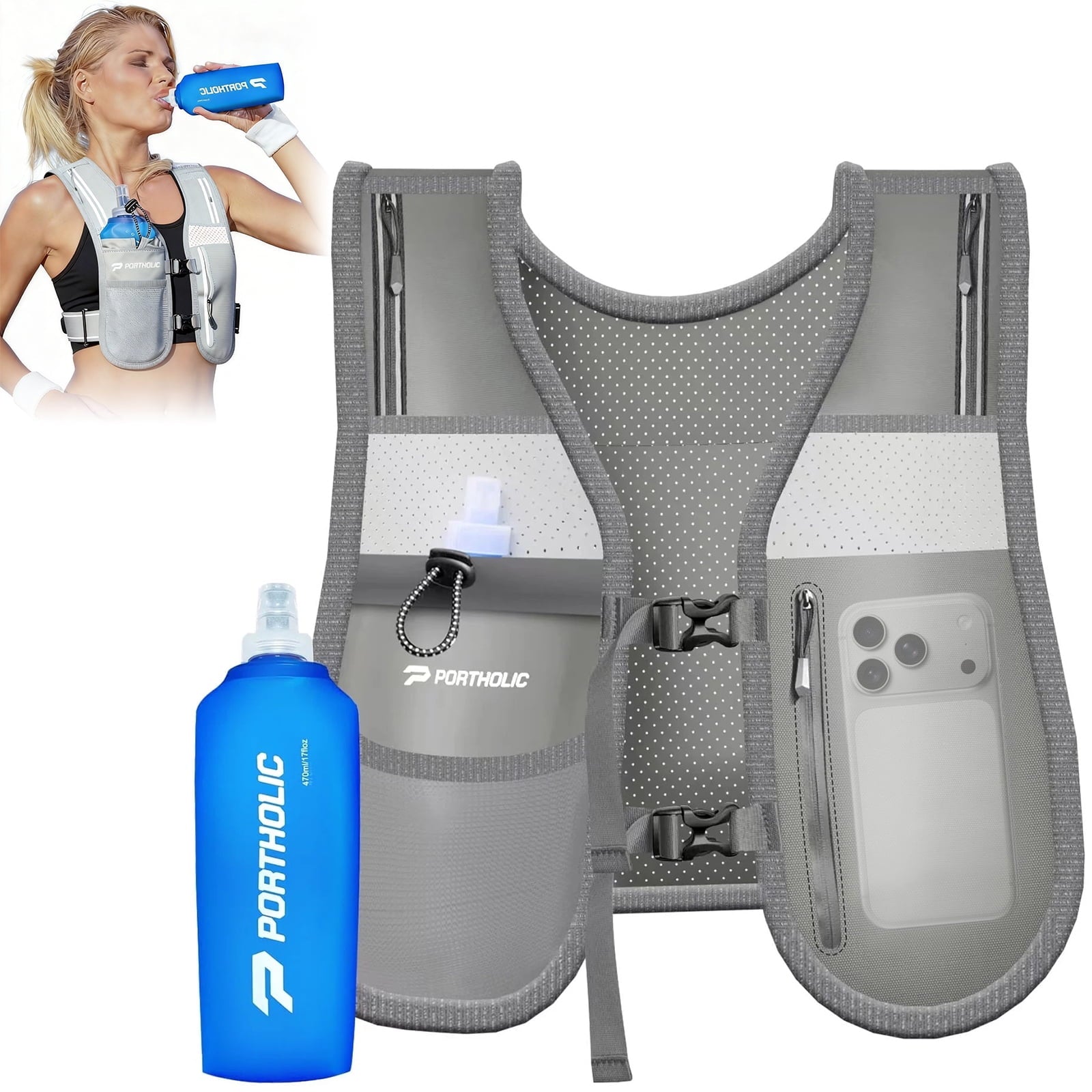 PORTHOLIC Running Vest for Women Men with 500ml/17oz Water Bottle |Adjustable Hydration Vest|Reflective |Lightweight |6 Pockets |Breathablefor Running Accessories for Hiking Running (Black,Large)