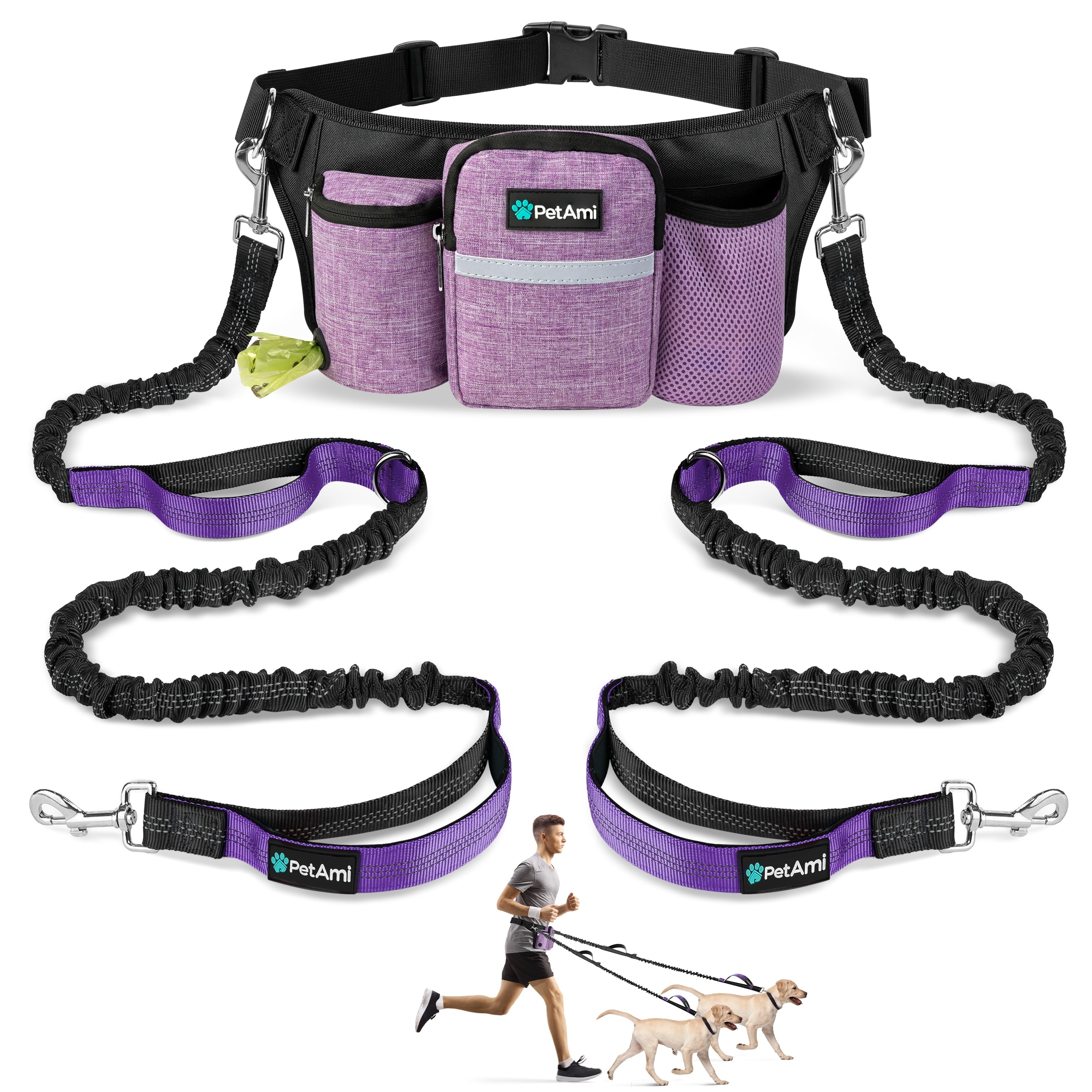 PetAmi Premium Hands Free Dog Leash for 2 Dogs, Adjustable Waist Belt Leash for Dog Walking, Fanny Pack Accessories Bag Dual Bungee Leash for Running, Hiking, Jogging, Biking, Charcoal Grey