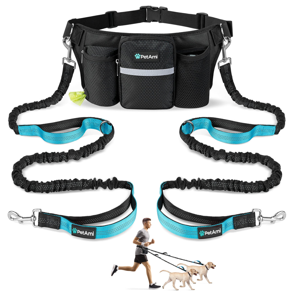 PetAmi Premium Hands Free Dog Leash for 2 Dogs, Adjustable Waist Belt Leash for Dog Walking, Fanny Pack Accessories Bag Dual Bungee Leash for Running, Hiking, Jogging, Biking, Charcoal Grey