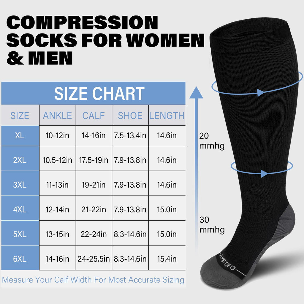 2 Pairs Wide Calf Compression Socks for Women Men AMITOFO Circulation 20-30mmHg Plus Size Knee High Support Stockings for Medical | Circulation | Nurses | Running | Travel, Black 4XL
