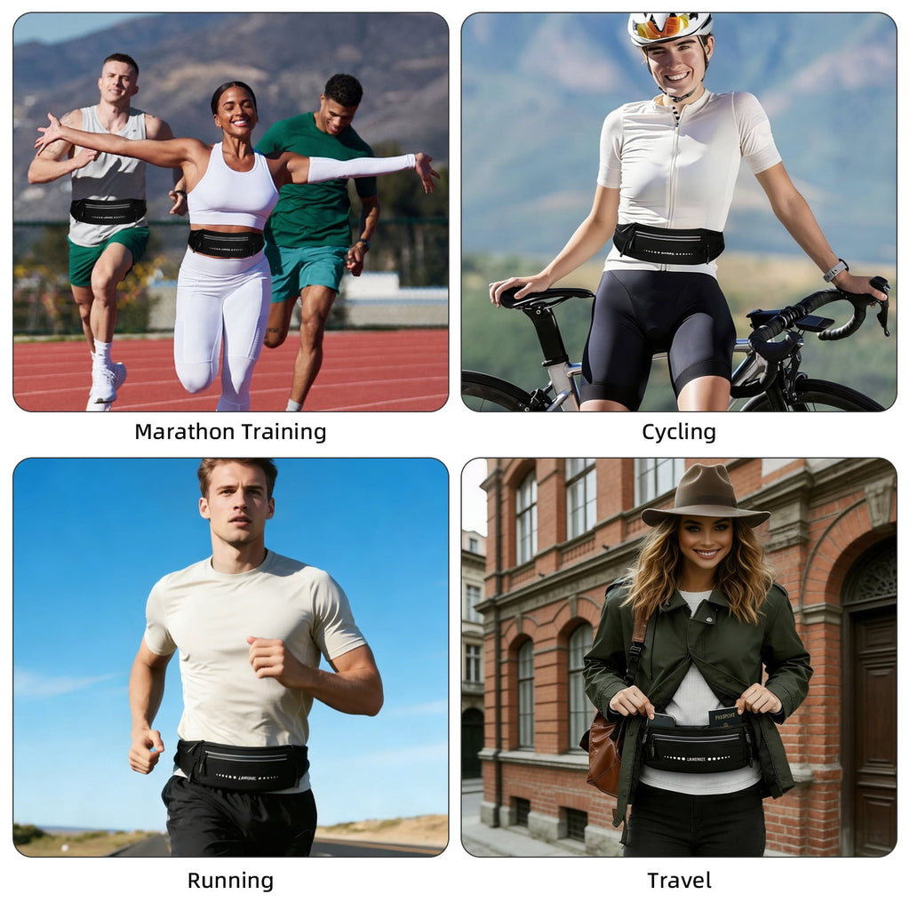LAIMEIWEE Lightweight Running Belt，Water-Resistant Waist Pack for Women Men, 4-Zone Organization, Reflective strips Design for Marathon Training, Jogging, Hiking, Commuting（Black）