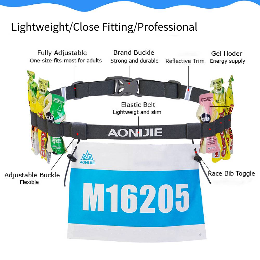 AONIJIE 2Pcs Triathlon Running Race Number Belt Adjustable Bib Holder with 6 Energy Gel Loops, Black