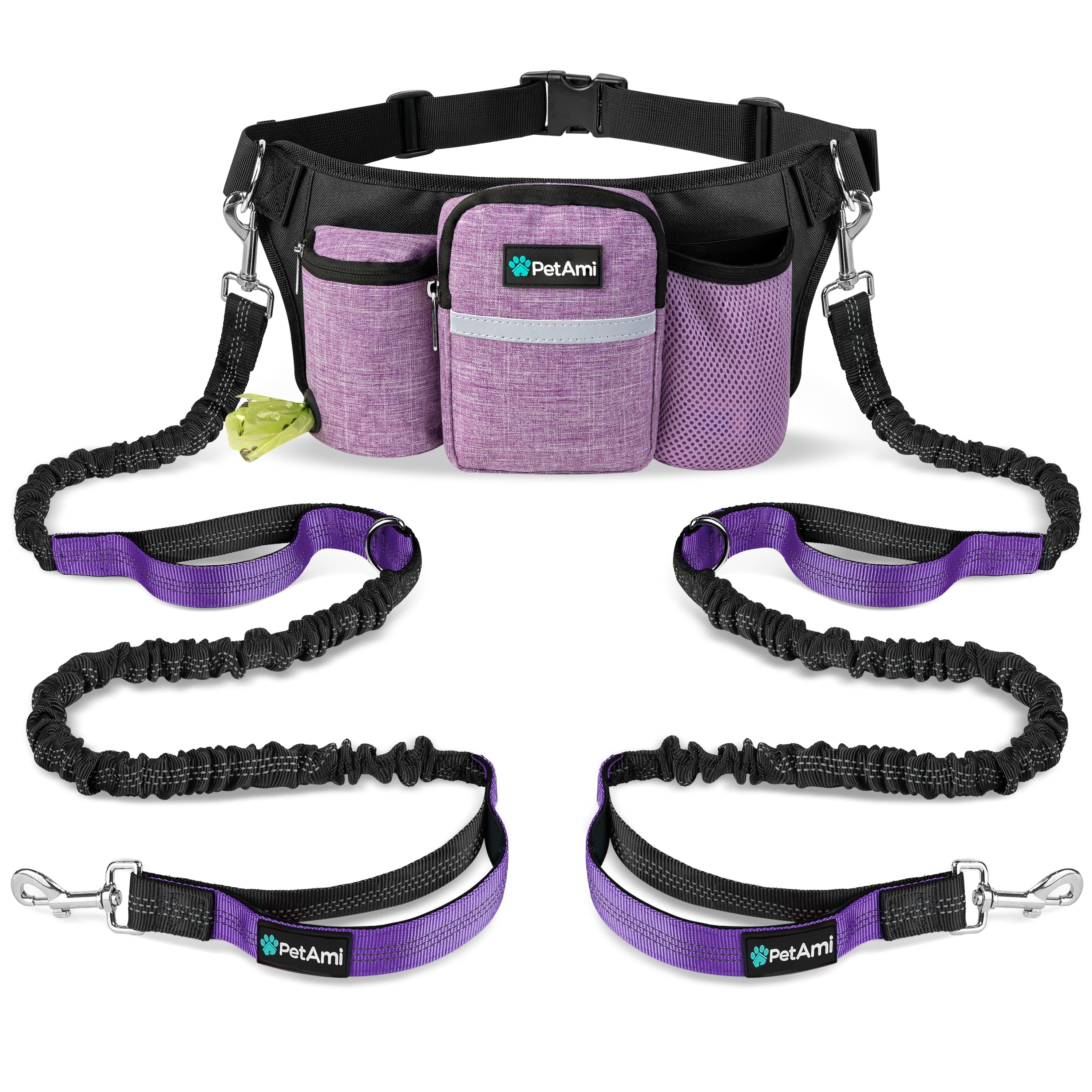 PetAmi Premium Hands Free Dog Leash for 2 Dogs, Adjustable Waist Belt Leash for Dog Walking, Fanny Pack Accessories Bag Dual Bungee Leash for Running, Hiking, Jogging, Biking, Charcoal Grey
