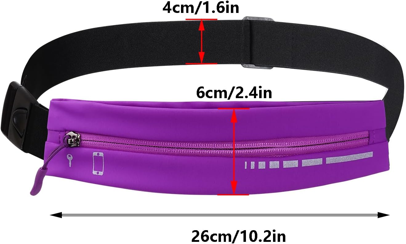 Slim Running Belt for Women Men Water Resiatant Runners Fanny Pack Adjustable Waist Pouch Reflective Phone holder Running Gear Accessories for Sport (Purple)