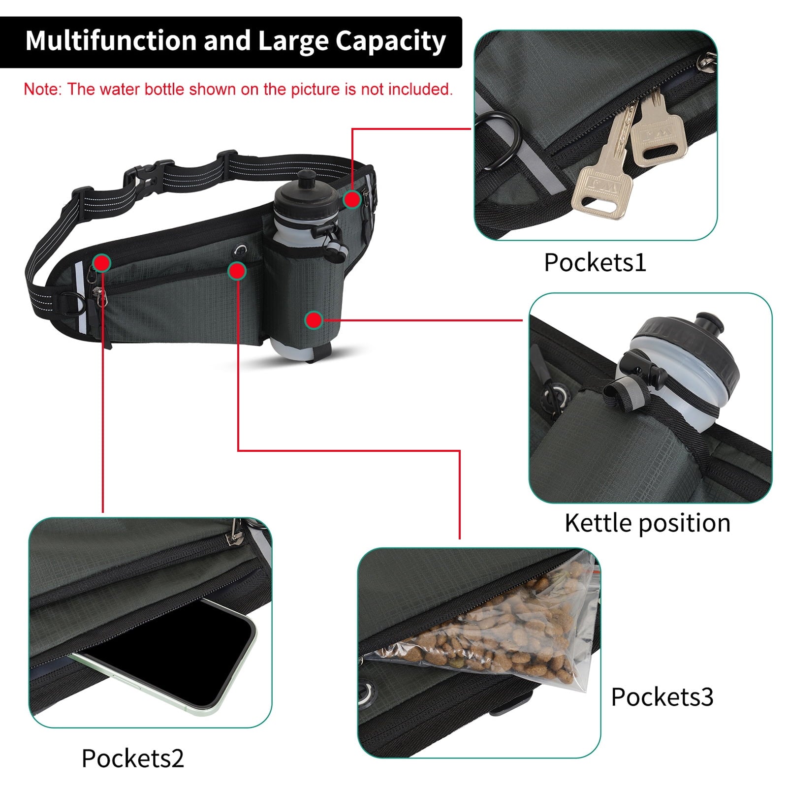NFTIGB Running Belt Waist Pack Adjustable Hydration Bag with Water Bottle Holder for Runners Men Women, Black (10.63 inches / 27 cm)