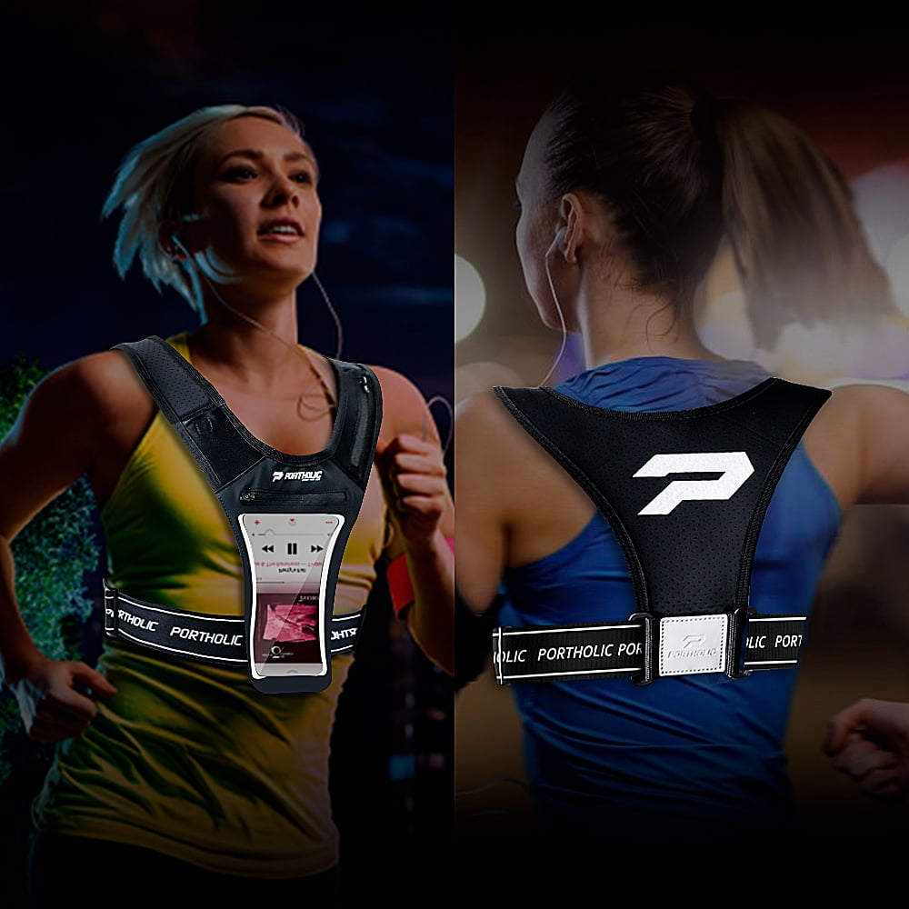 Running Vest with Cellphone Holder, PORTHOLIC Reflective Warnwest with Visible Phone Pouch, Adjustable Waistband and Muti-pockets for Sport, Jogging, Cycling, Walk the dog(GARY)