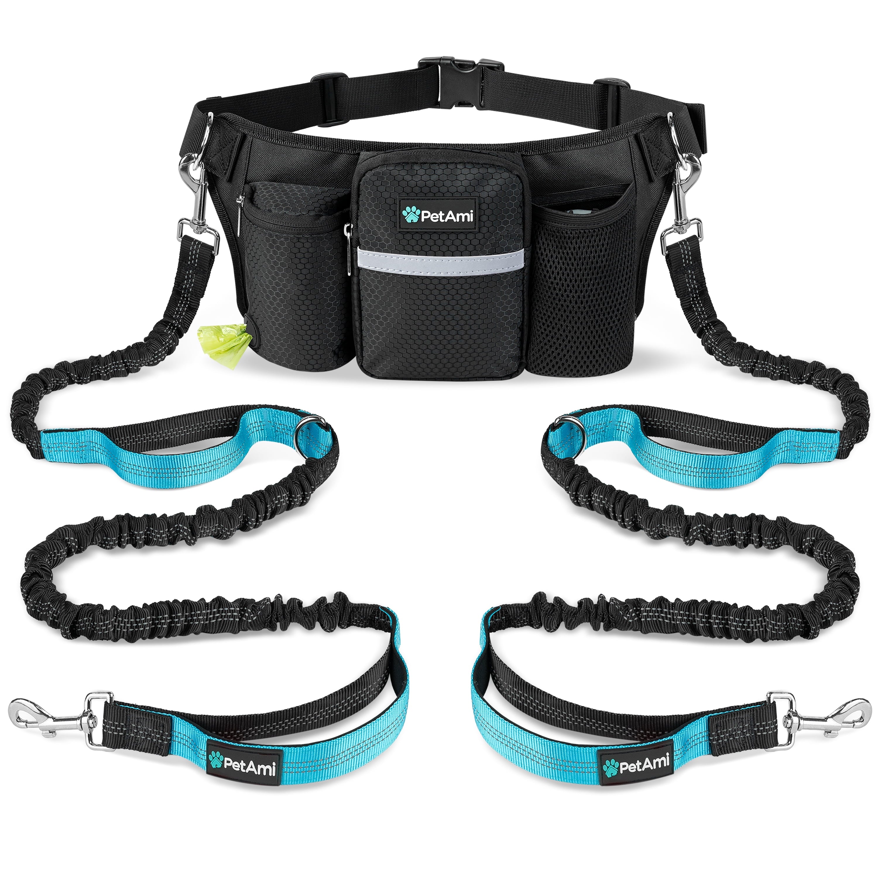 PetAmi Premium Hands Free Dog Leash for 2 Dogs, Adjustable Waist Belt Leash for Dog Walking, Fanny Pack Accessories Bag Dual Bungee Leash for Running, Hiking, Jogging, Biking, Charcoal Grey