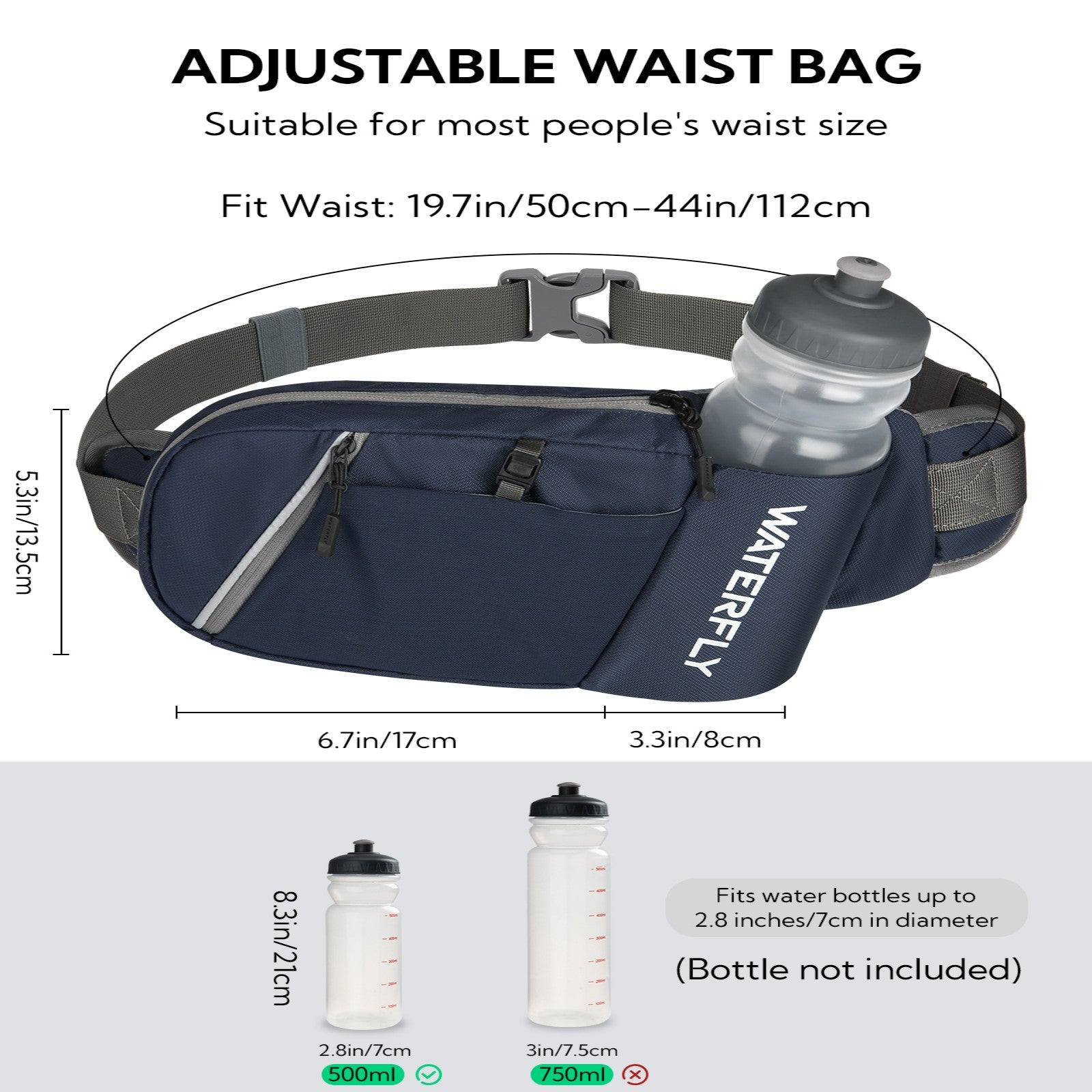 WATERFLY Unisex with Bottle Holder Running Walking Hiking Nylon Fanny Pack Waist Bag,,Blue
